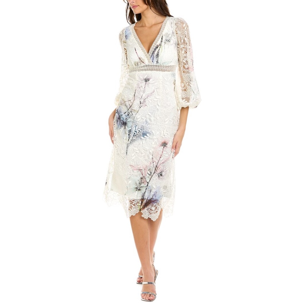 MONIQUE LHUILLIER Printed Guipure Lace Midi Dress size 4 NWT